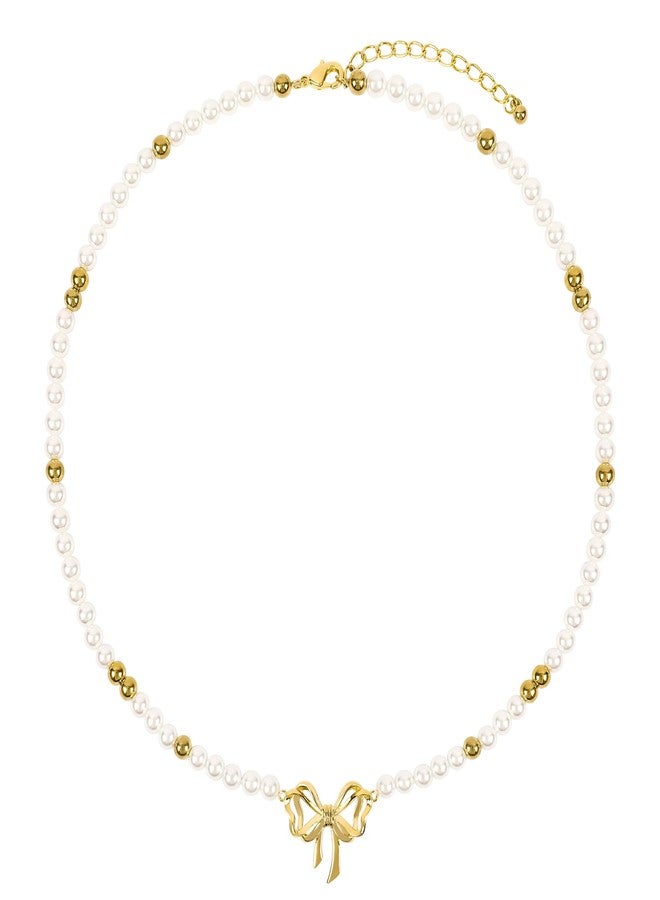MOONWALTZ Pearl Choker Necklace for Women 14K Gold Plated Bow Necklace Elegant Bowknot Charm Pearl Necklace Gold Ball Beaded Bow Knot Ribbon Choker Necklace Summer Trendy Y2K Party Jewelry Gift for Women - Image 1